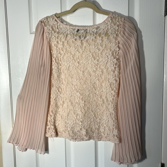Pinky feminine sheer floral lace chiffon pleated bishop sleeve pullover pink L - Picture 10 of 14